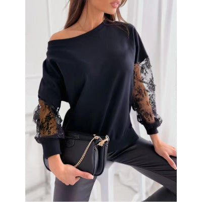 Spring Solid Color Chic Lace Patchwork Slash Shoulder Loose Long-Sleeved Lace Shirt 4