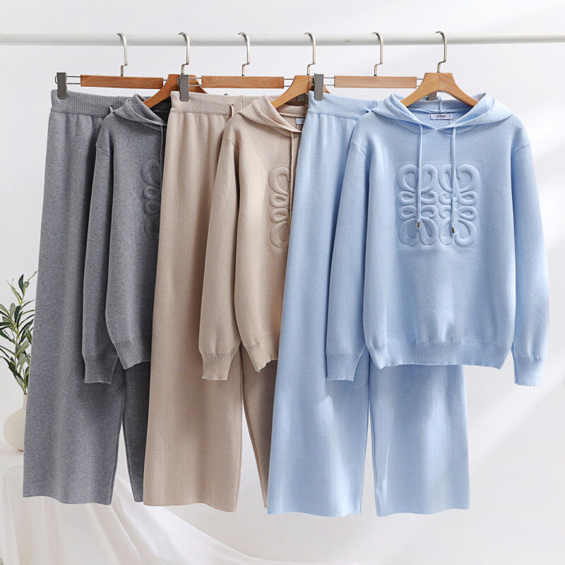 Trendy Women's Oversized Knit Hoodie High-Waisted Wide-Leg Pants Set 7
