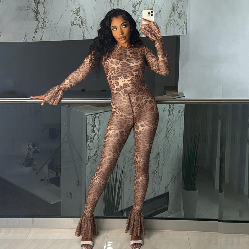 Women's Spring-Summer Leopard Mesh Bell Sleeve See-Through Jumpsuit 4