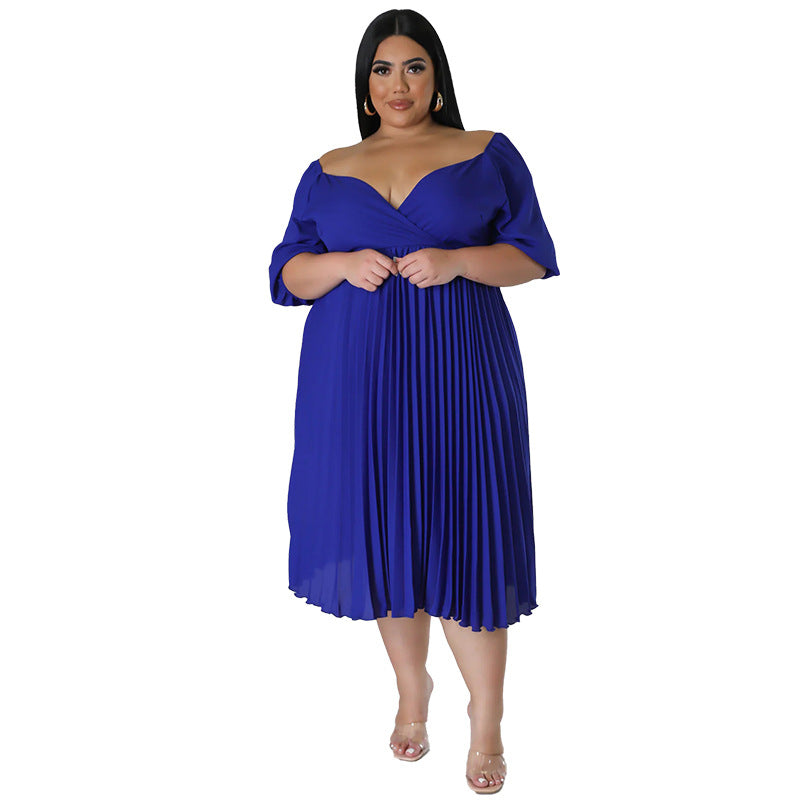 Women's V Neck Hem Pleated Short Sleeves Plus Size Dress 13