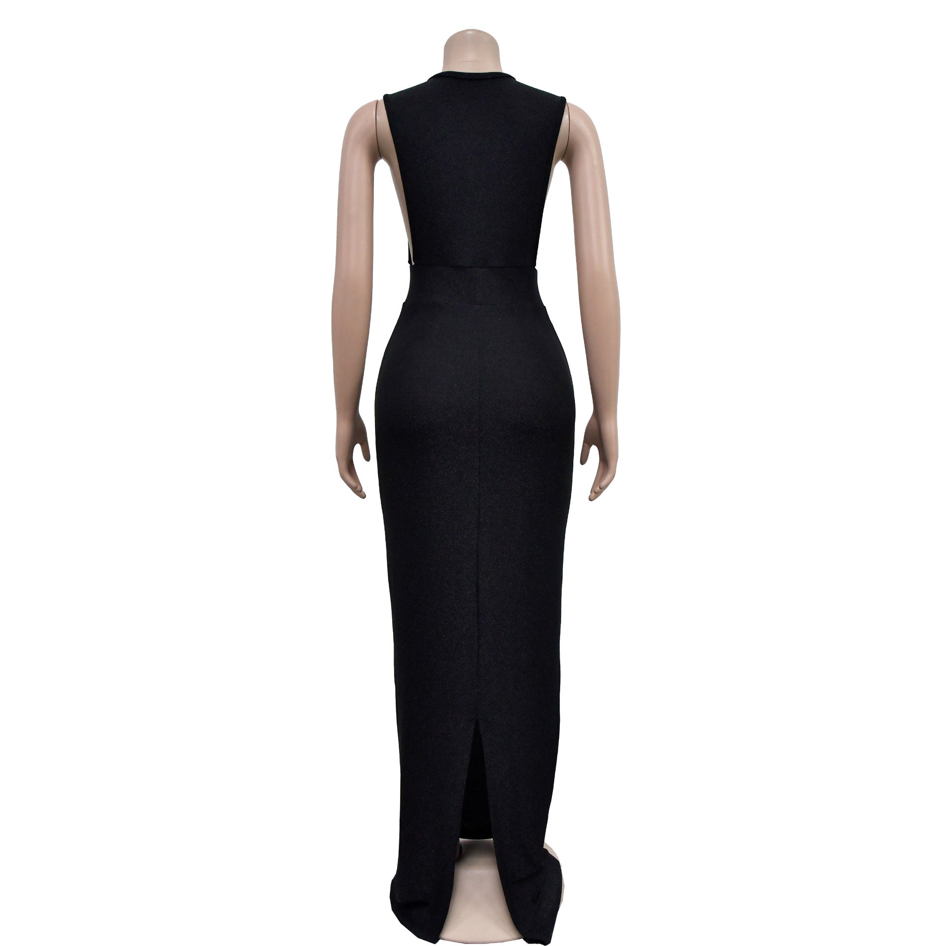 Fashion Women's Solid Color Round Neck Sleeveless Slit Maxi Dress 11