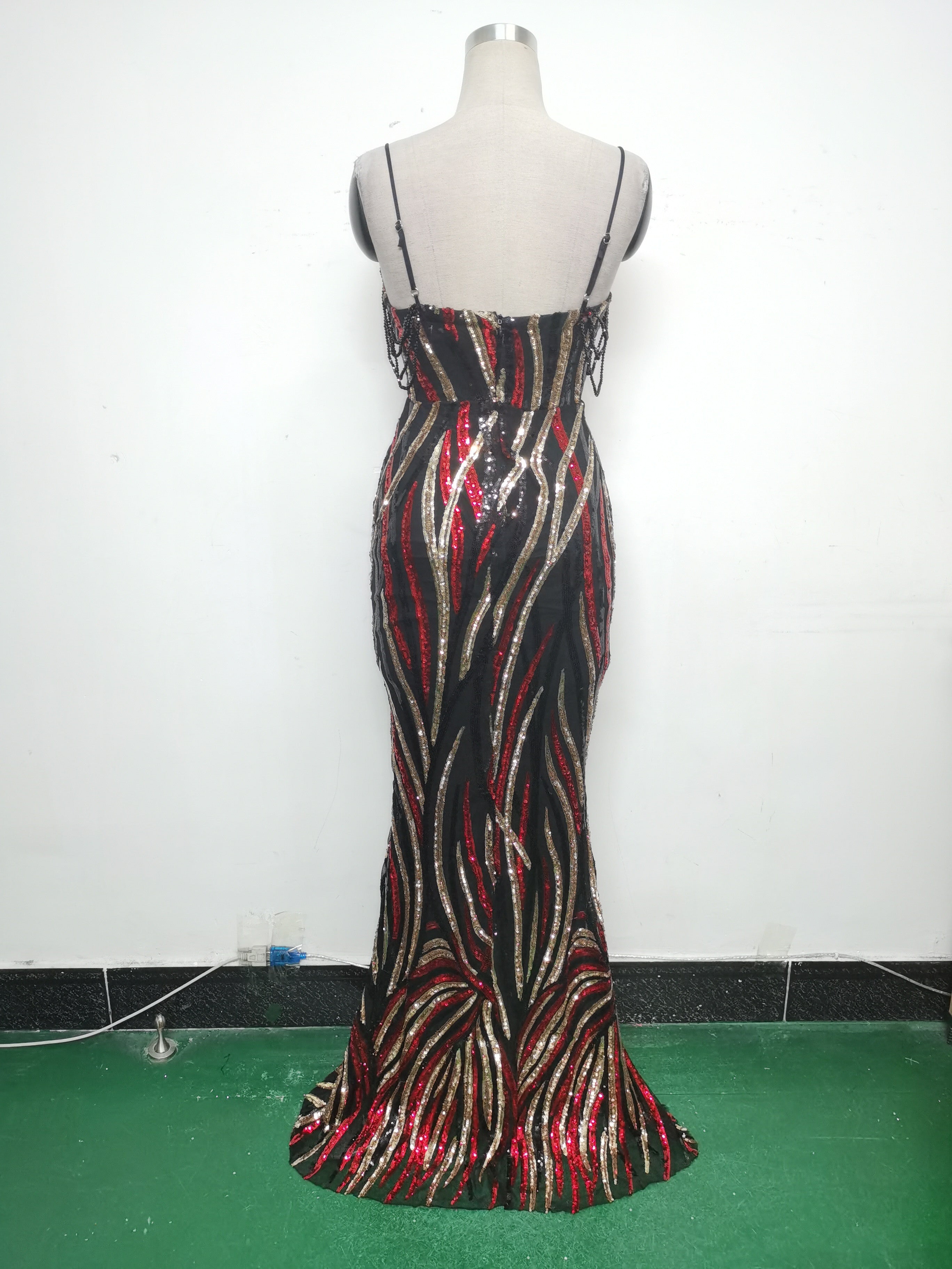 Women sequined striped color matching maxi evening dress 20