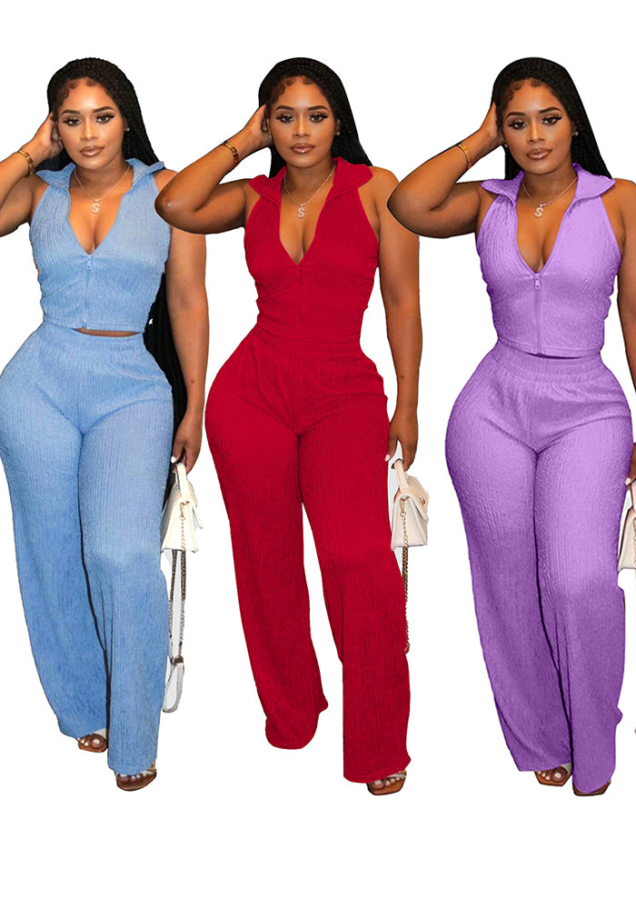 Women Summer Sleeveless Top Pleated Casual Pants Two-piece Set 5