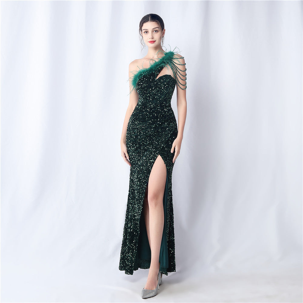 Women velvet beaded high-end evening dress 7