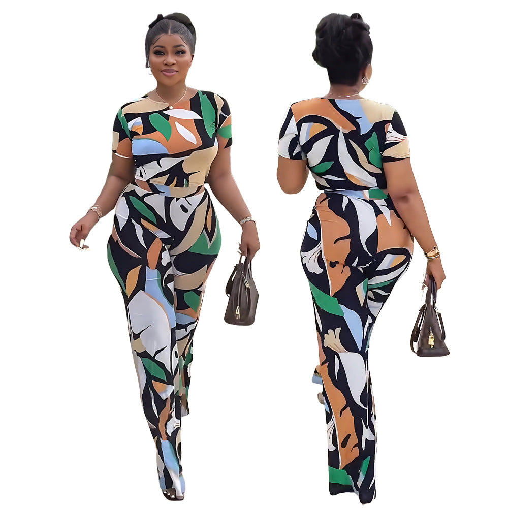 Women printed short-sleeved Casual Top and high-waisted trousers two-piece set 3