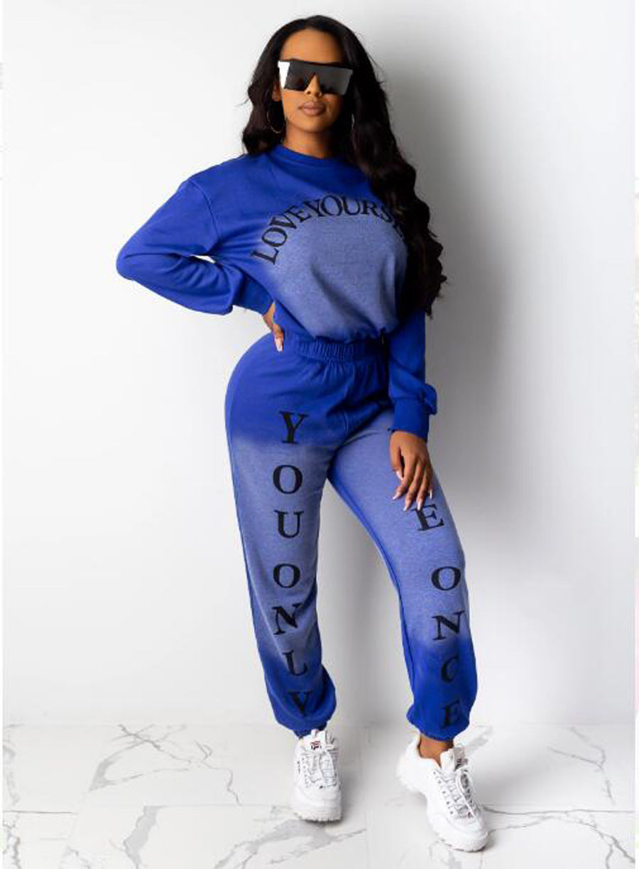 Women's Letter Positioning Print Ombre Casual Two Piece Pants Set 5