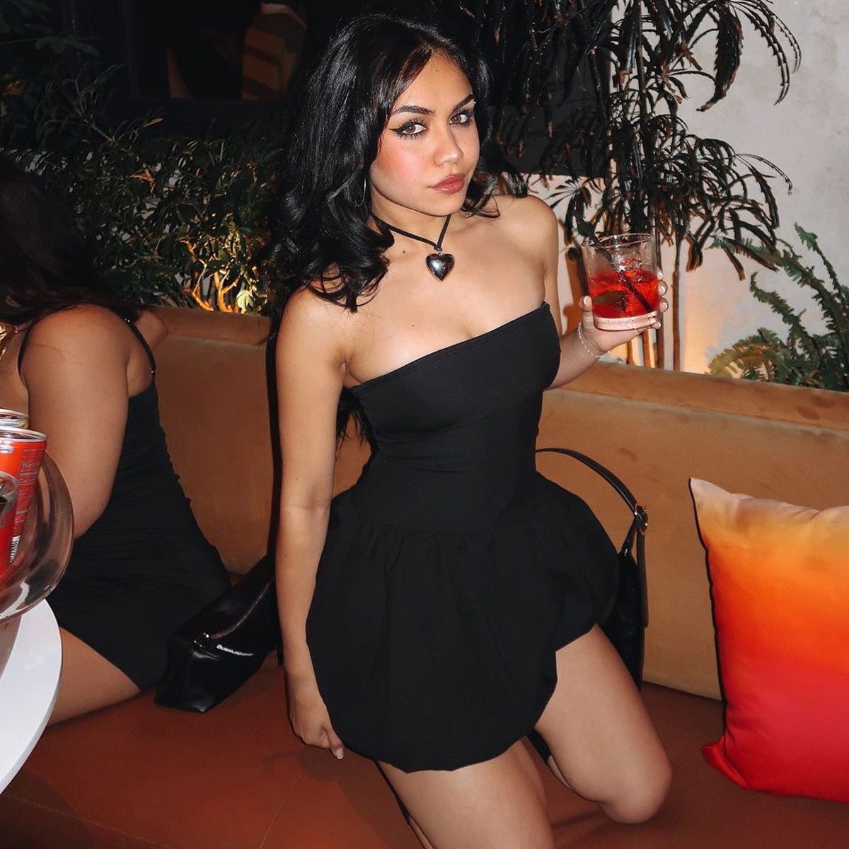 Women's Summer Fashion Sexy Solid Color Strapless Slim Waist A-Line Dress 5