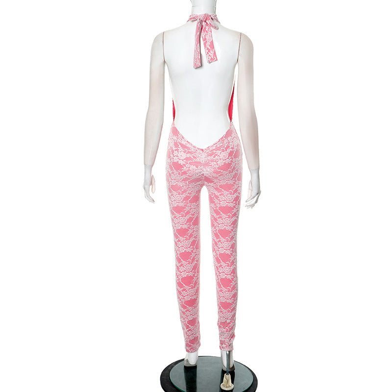 Women Spring and Summer Lace Halter Neck Lace-Up Hollow Backless Jumpsuit 6