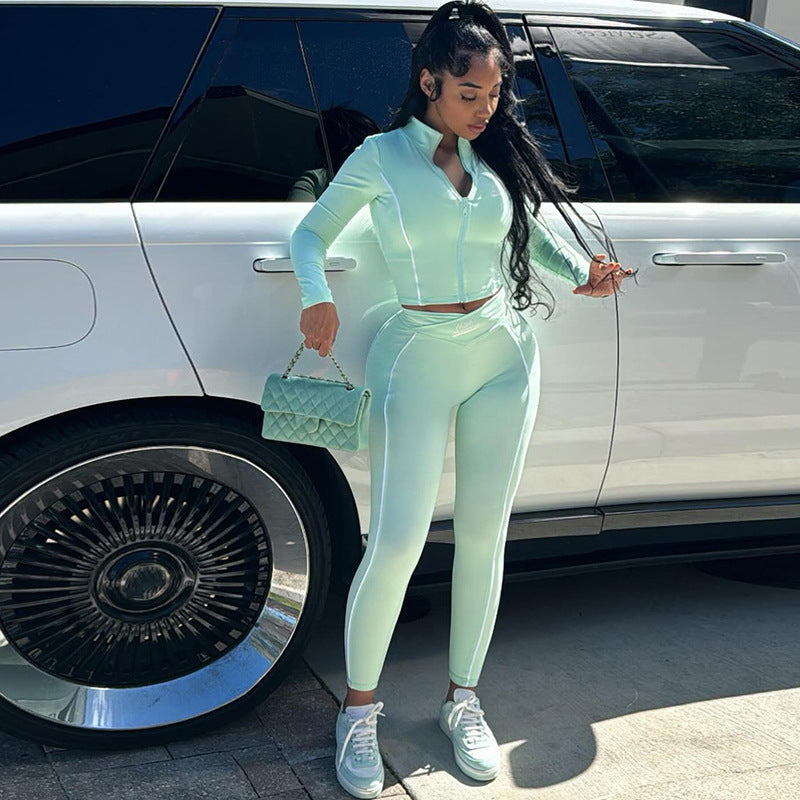 Women Fall and Winter Feminine Crop Long Sleeve Top and Long Pants Two-Piece Set 6