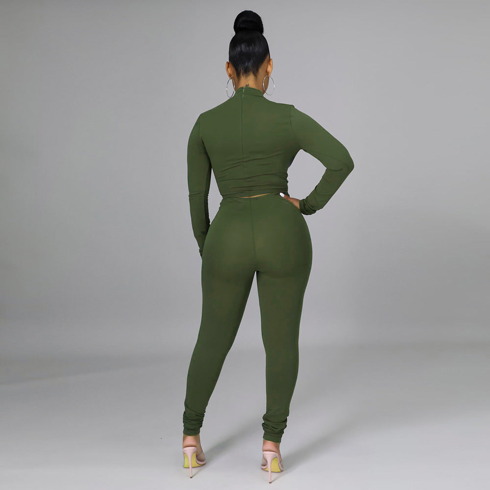 Women Fashion PU-Leather Patchwork Long Sleeve Solid Top and Pant Two-piece Set 6