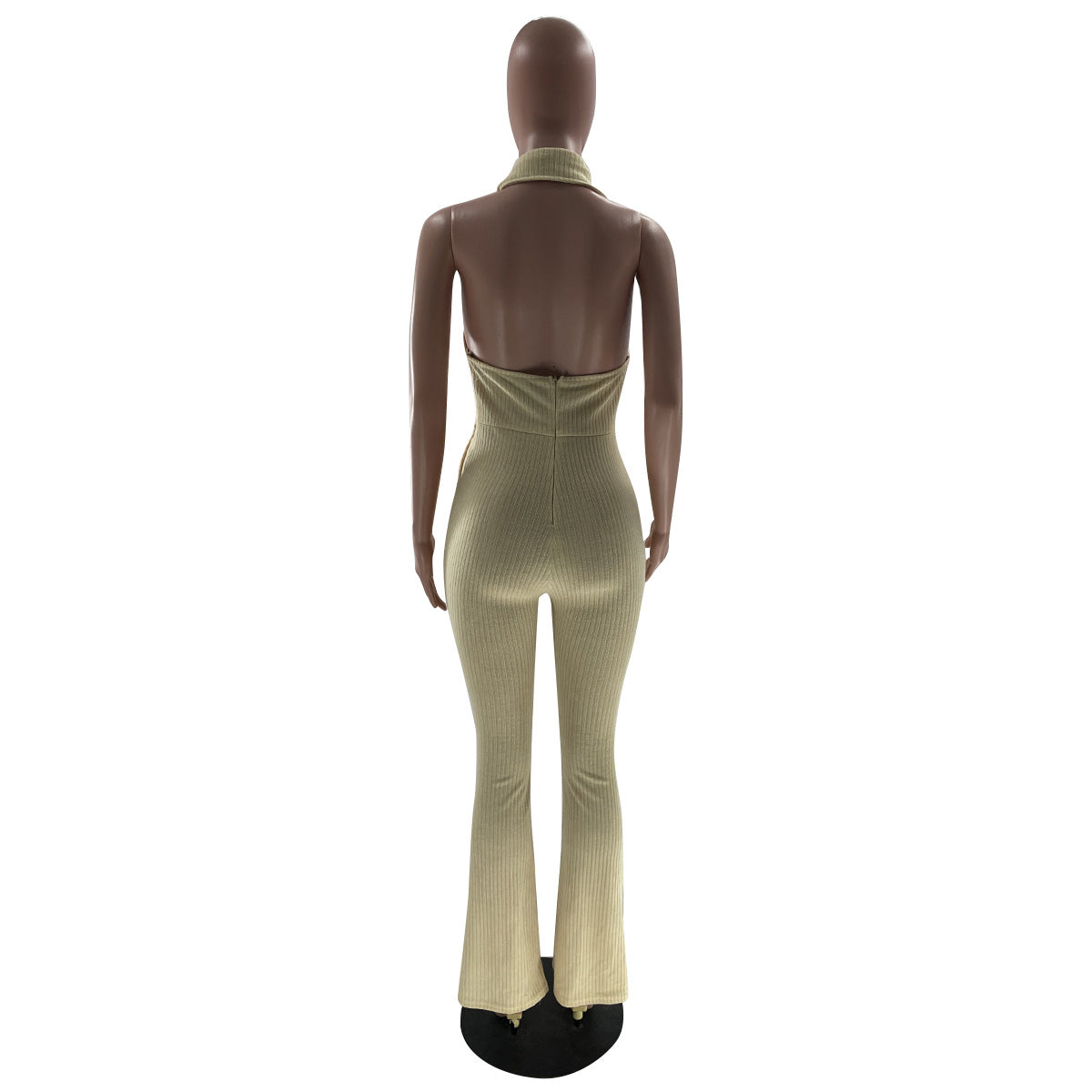 Women's Solid Color Sexy Low Back Halter Neck Turndown Collar Jumpsuit 20