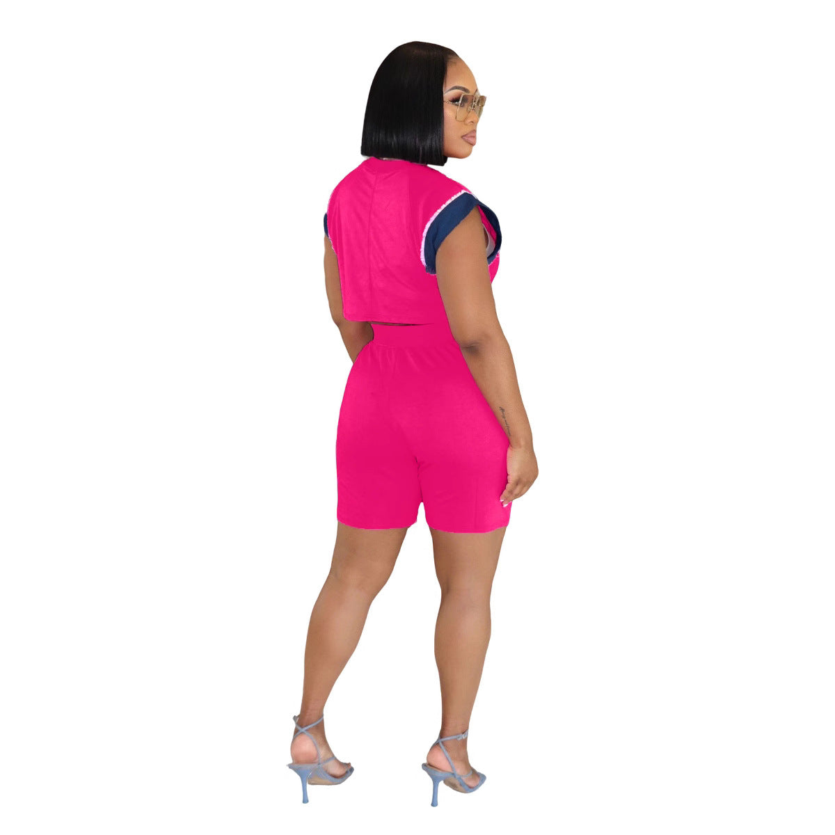 Women Casual Denim Patchwork Short-sleeved Top and Shorts Two-piece Set 8