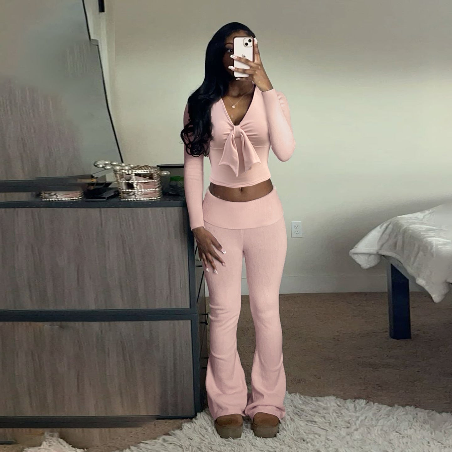 Women Casual Solid Bow Patchwork V-Neck Top and Bell Bottom Pants Two-Piece Set 5