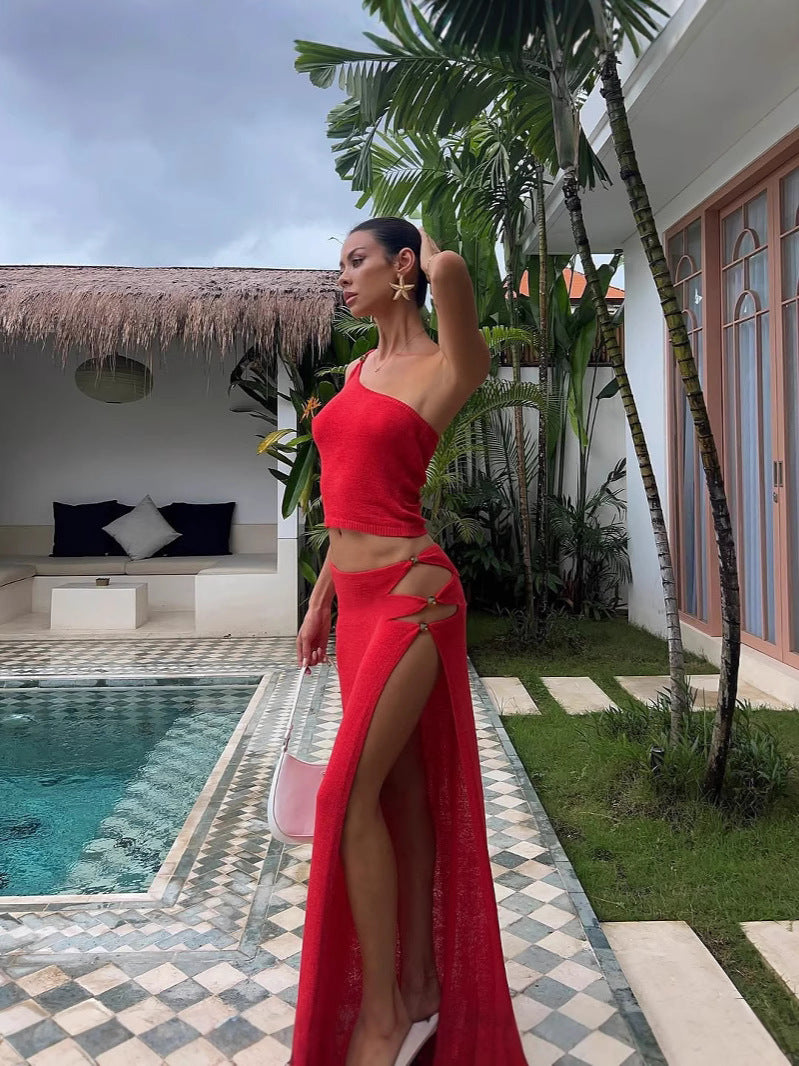 Women's Spring & Summer Sexy Slash Shoulder Top & Slit Skirt Solid Color Knitted Two-Piece Set For Holidays