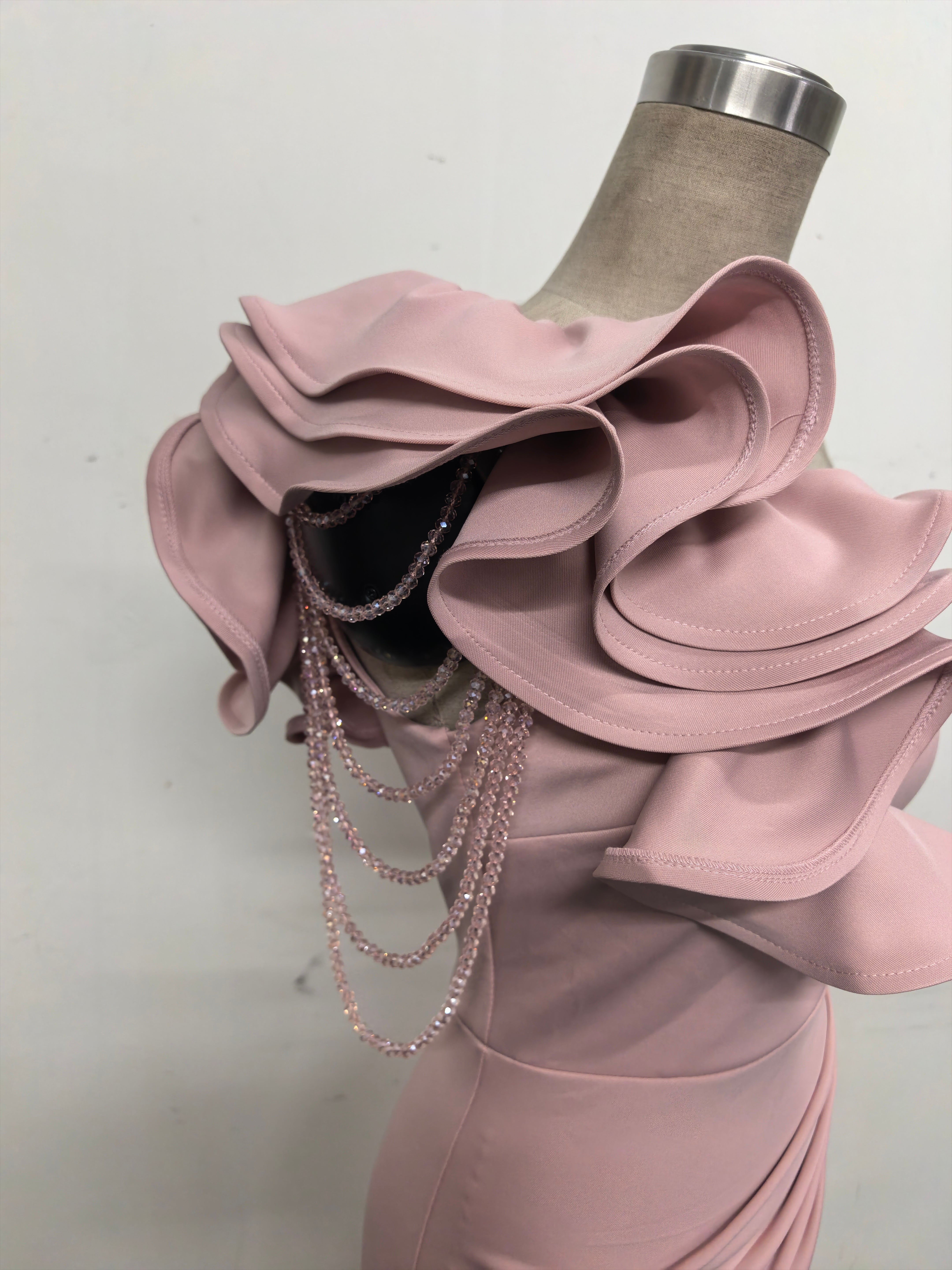 Women One-Shoulder Beaded Wool and Floral Satin Slit Sexy Evening Dress 45