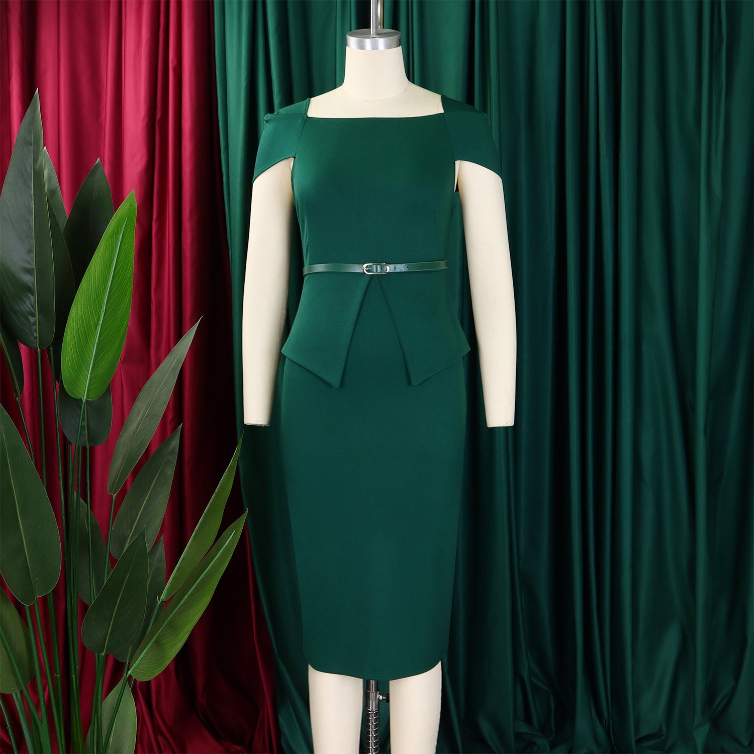 African Women's Solid Color High-Waist Ruffle Short-Sleeve Square-Neck Bodycon Pencil Dress 11