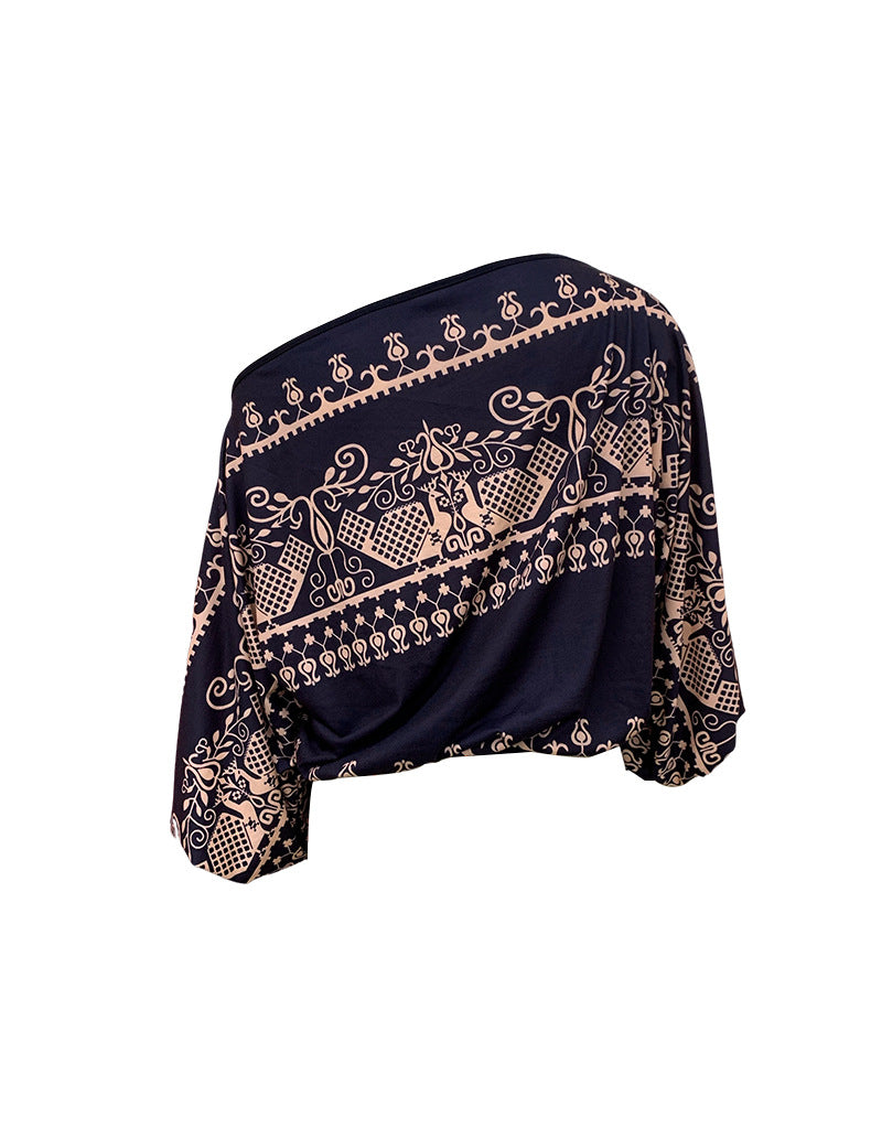 Women's Spring Summer Ladies Fashion Chic Print Loose Slash Shoulder Top 11