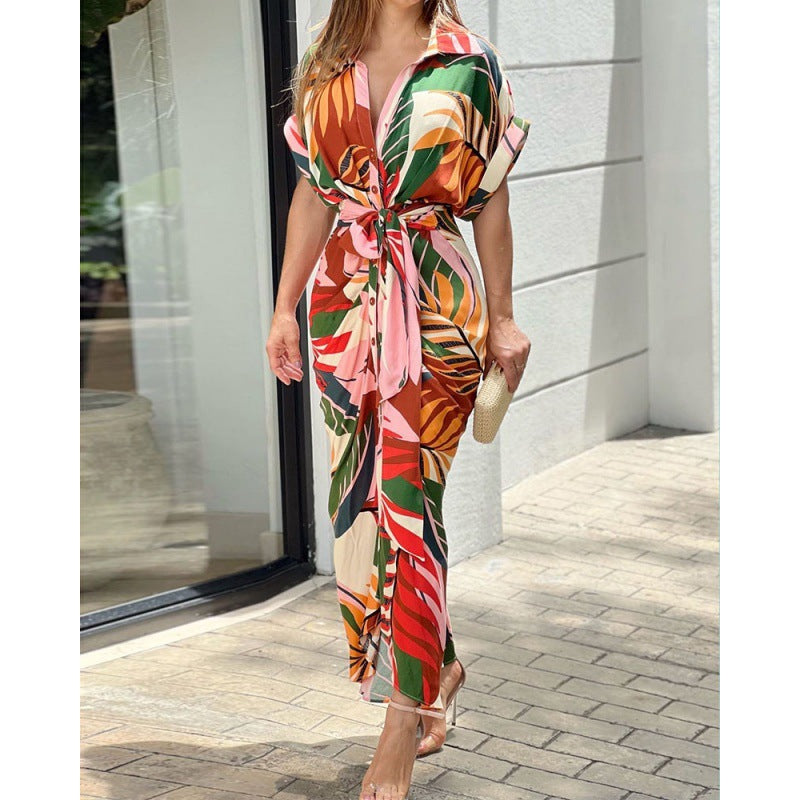 Summer Single Breasted Women Print Short Sleeve Shirt Dress 7