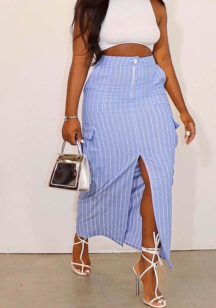 Women summer striped split cargo skirt