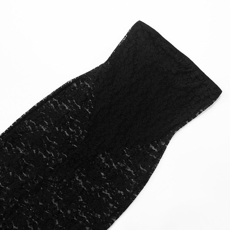 Women's Strapless Low-Back Patchwork Lace Hollow Bodycon Long Dress 9