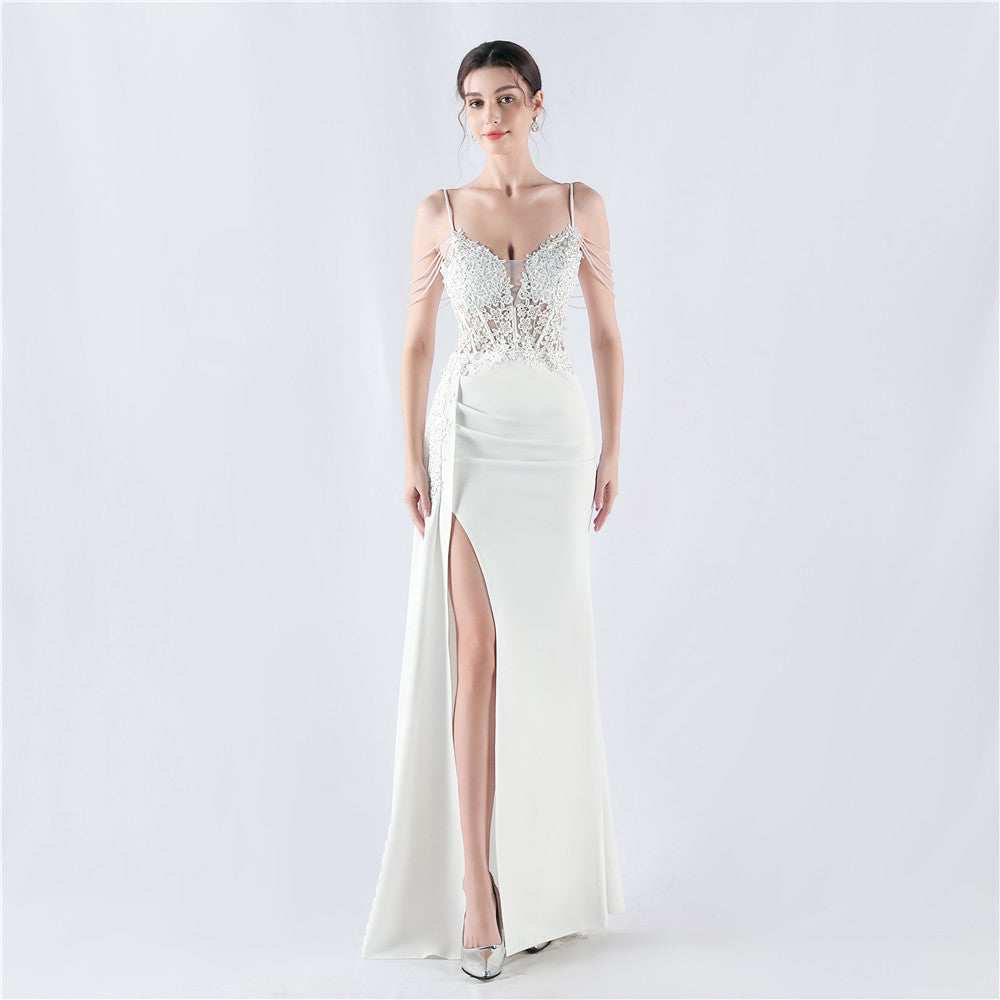 Women Beaded Flowered Fishbone Beaded Evening Dress 15