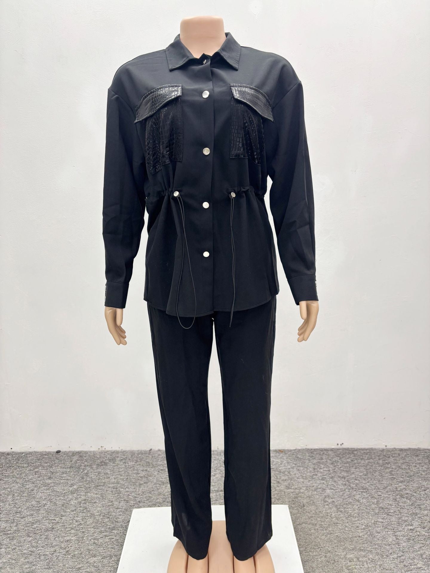 Spring Women's Suit Slim Waist Shirt Trousers Black Two-Piece Set 15