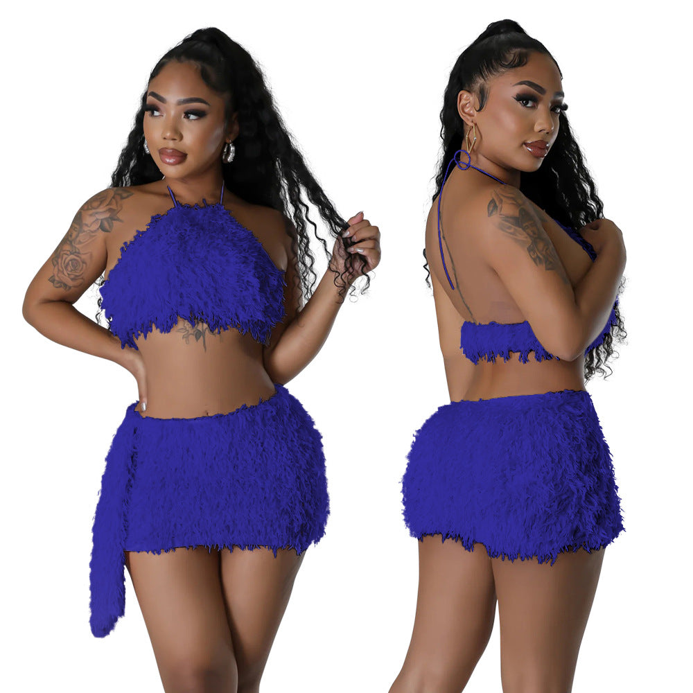Fashionable Solid Color Halter Crop Top Mini Skirt Two-Piece Set 5