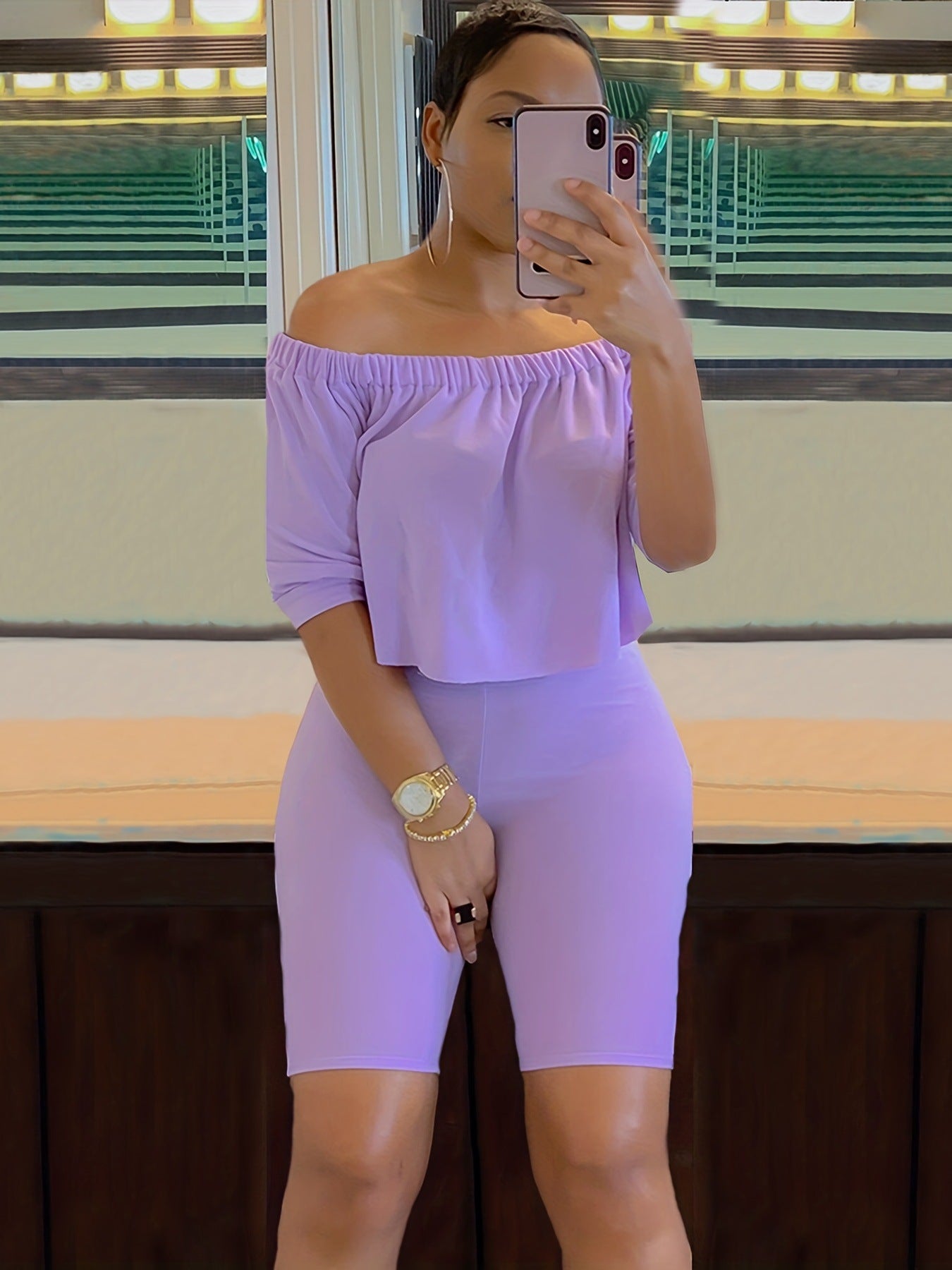 Off-Shoulder Top High-Stretch Shorts Summer Two-Piece Set 13