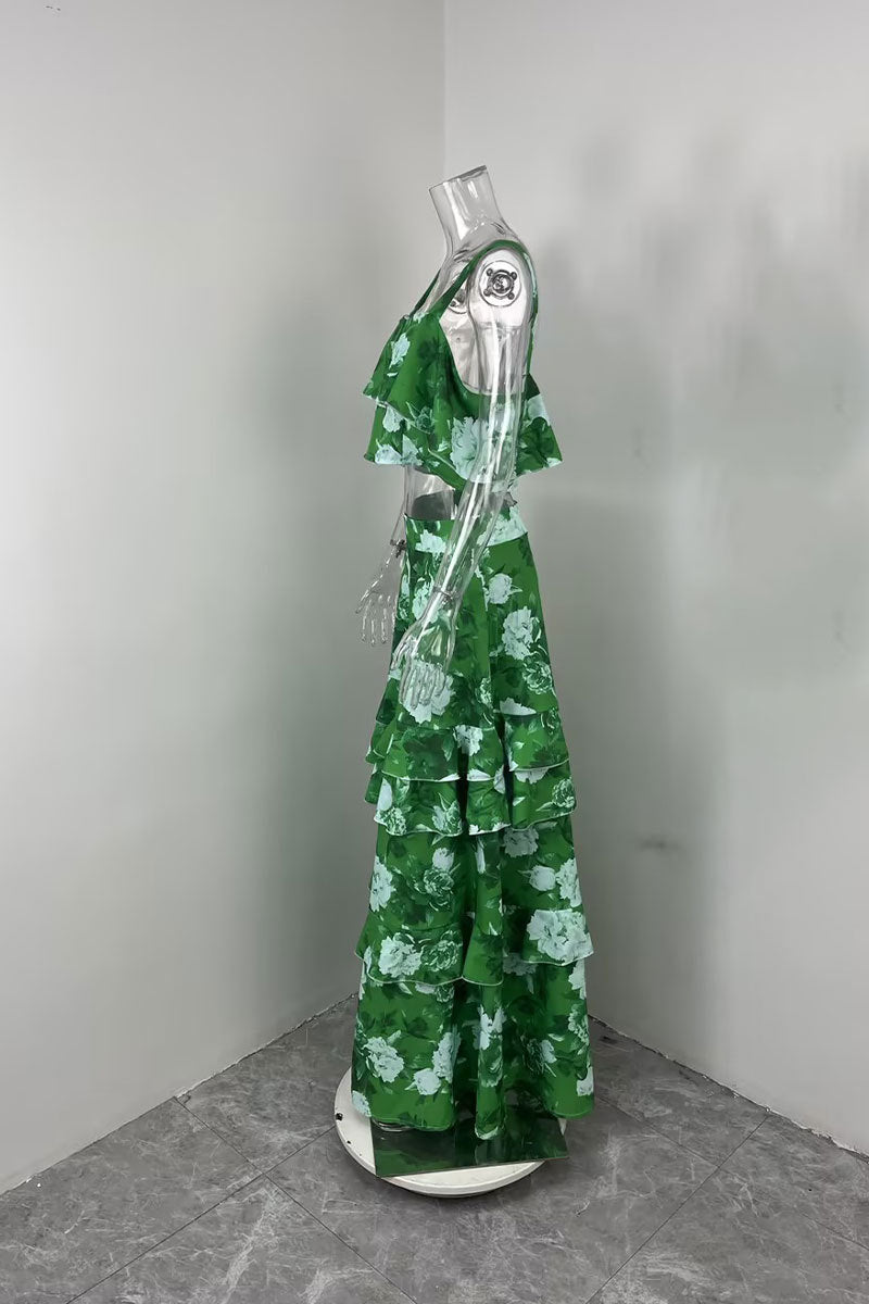 Women Beach Edge Holidays Printed Suspender Top Cascading Ruffles Skirt Two-Piece Set 29