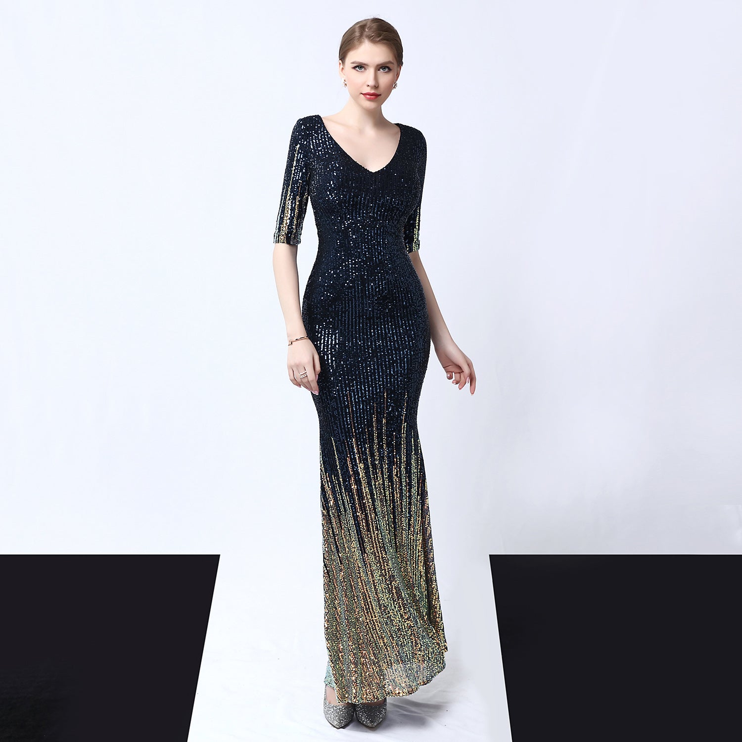 Women Sequins Long Banquet Slim Fishtail Elegant  Evening Dress 8