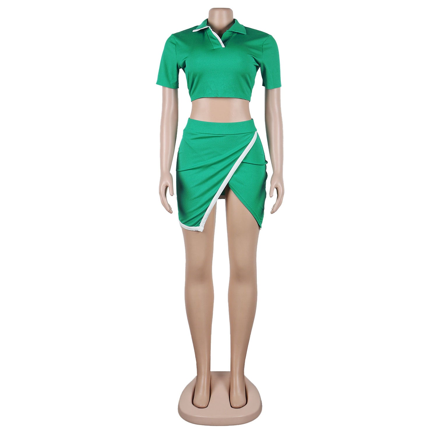 Women Sexy Turndown Collar Short Sleeve Top and Skirt Two-piece Set 17