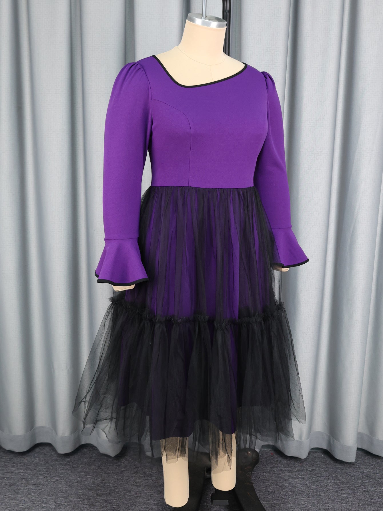 Plus Size Women's Purple Bell Sleeve Mesh Patchwork Elegant Long Dress 5