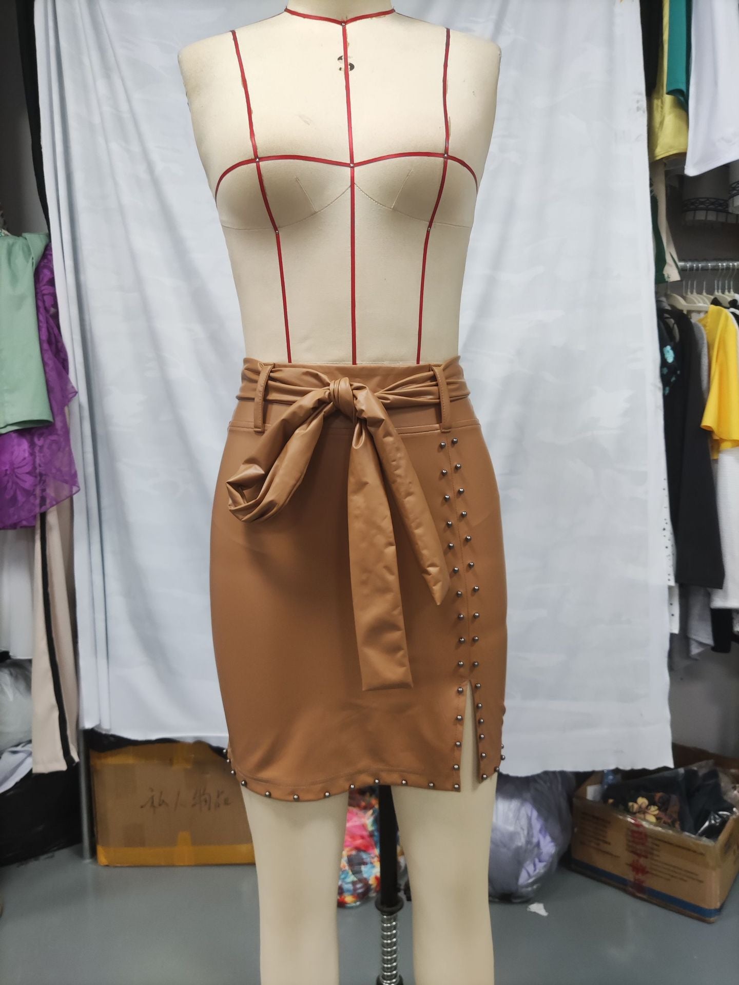 Women Casual Solid Pu-Leather Belt Zipper Bodycon Skirt 16