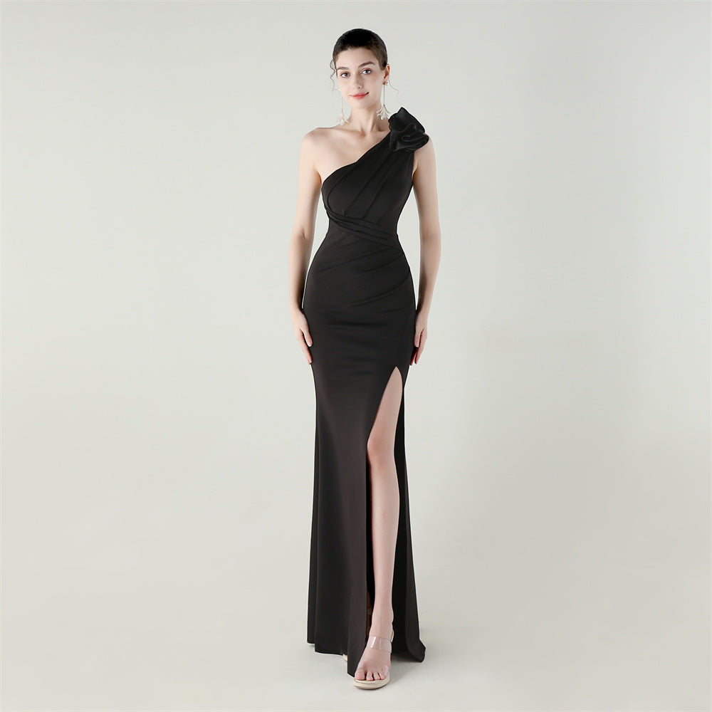 Women one-shoulder flower satin slit sexy evening dress 13
