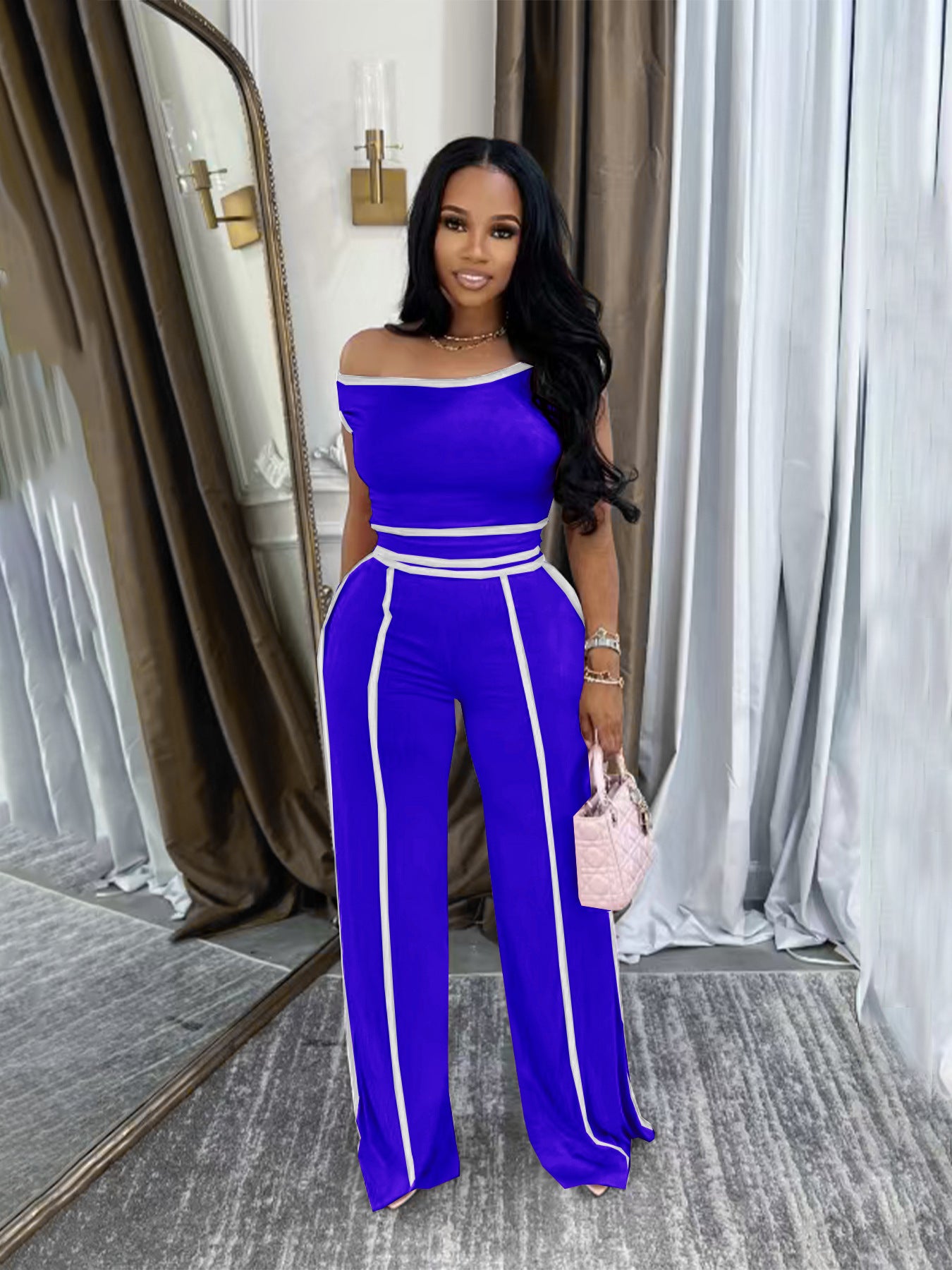 Women Summer Casual Off Shoulder Top and Long Pants Two Piece Set 7