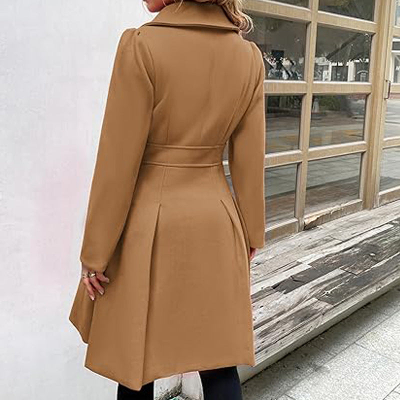 Women Fall and Winter Turndown Collar Double-Breasted Pocket Windbreaker 43