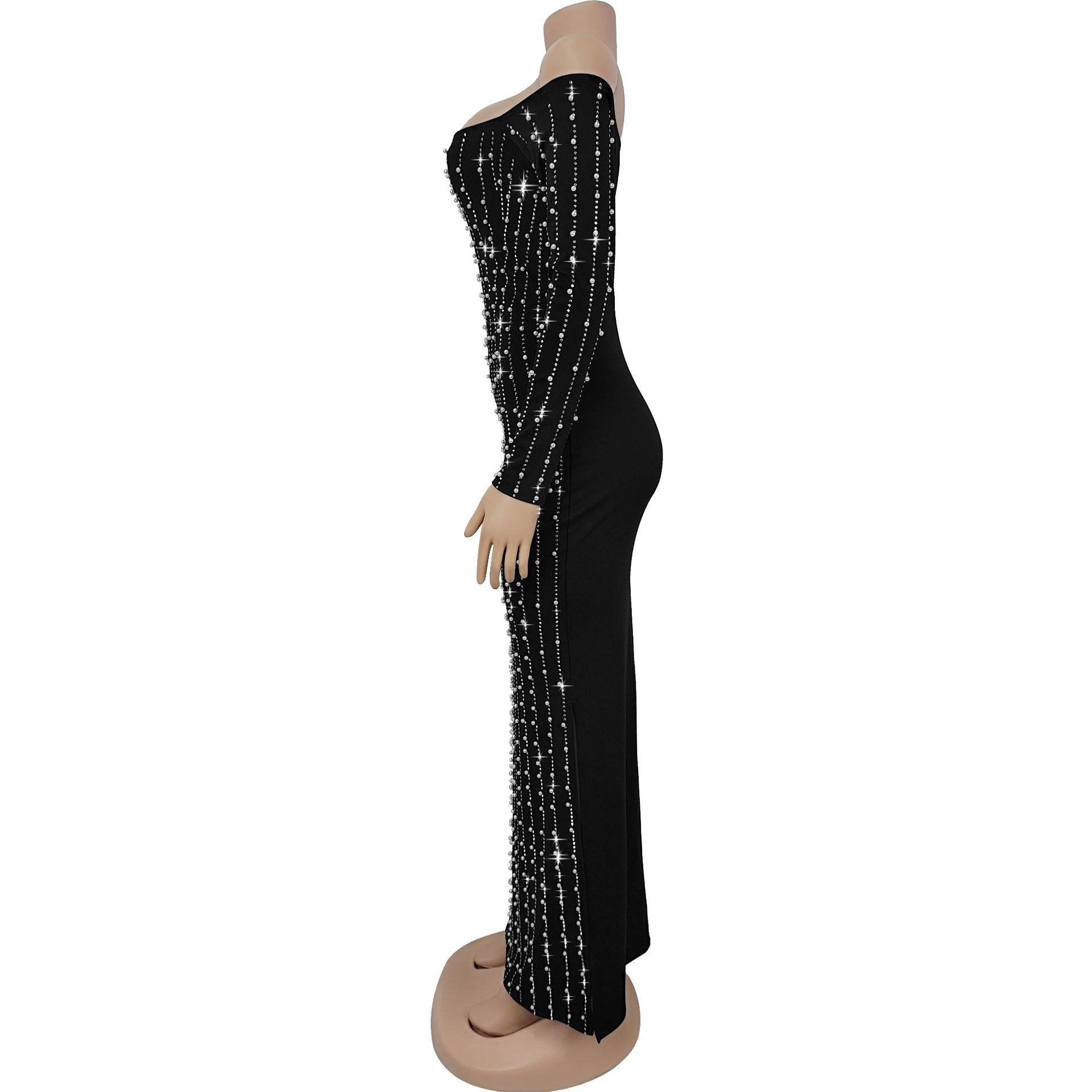 Fashion Women's Elegant Long-Sleeve Off Shoulder Rhinestone Bodycon Dress 11