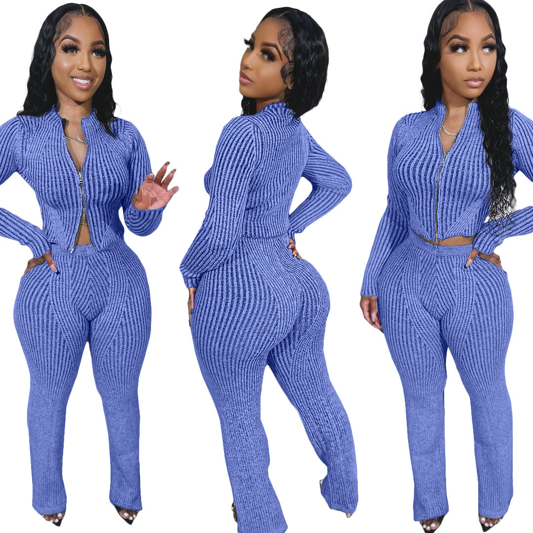 Women Knitting Sweater Two-way Zipper Top and Pants Casual Two-piece Set 8