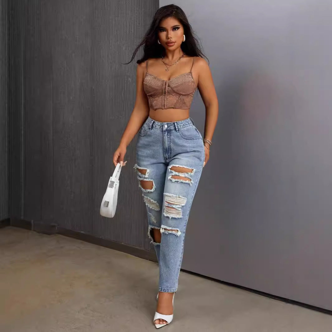 Women's slim fit ripped tight denim pants 5