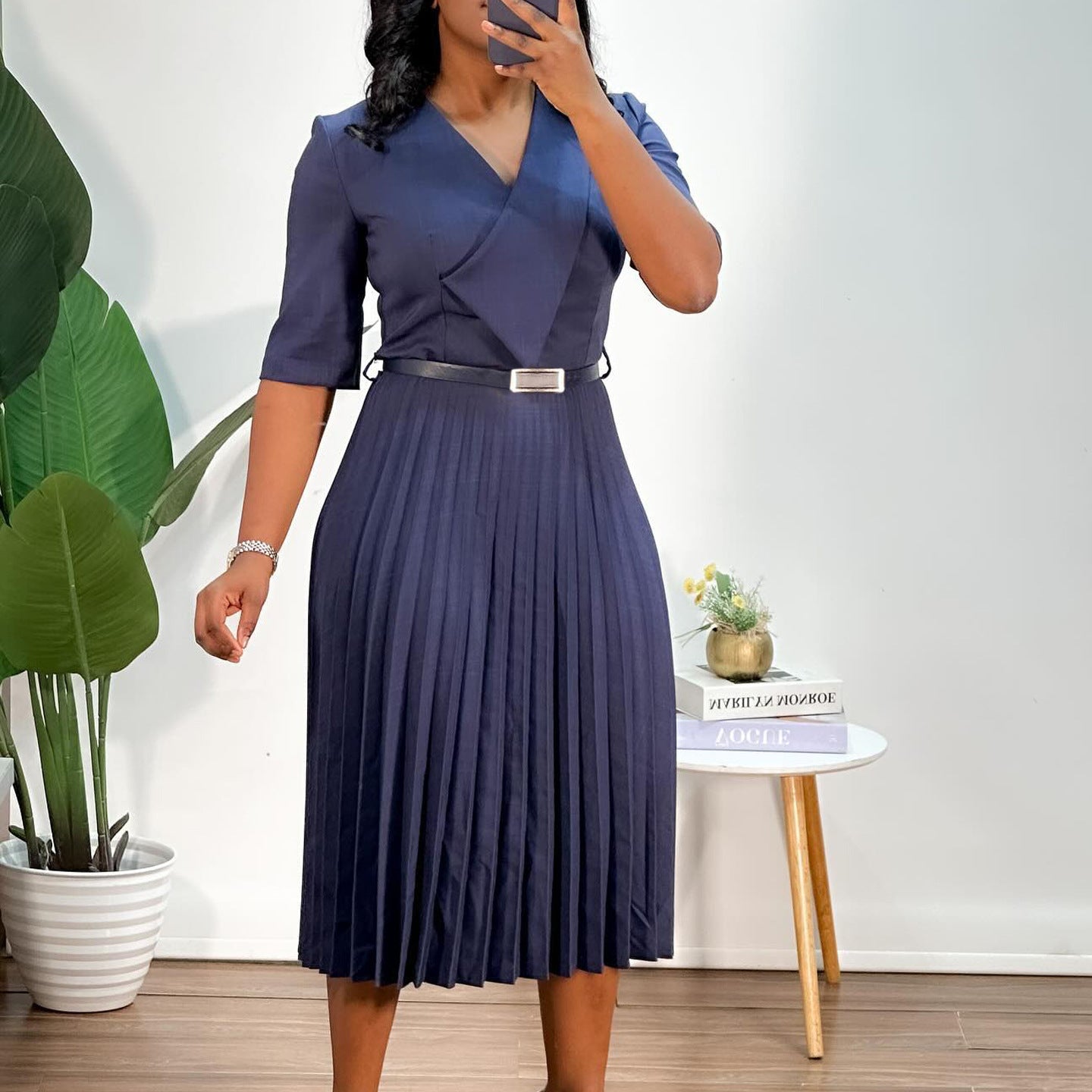 Women's Solid Color V Neck Fashion Chic Pleated African Dress