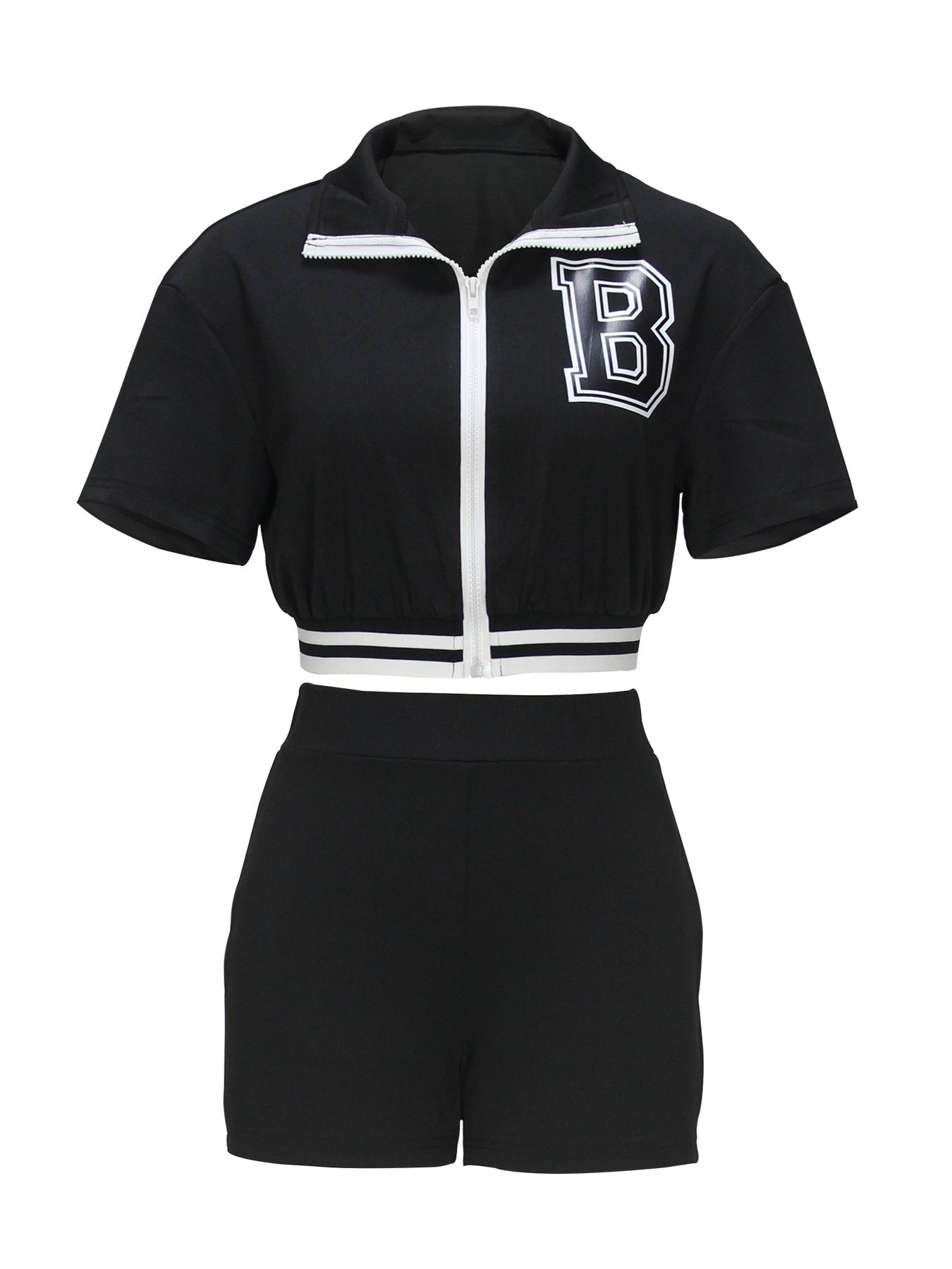 Women Summer Solid Zipper Print Top and Shorts Casual Two-piece Set 9