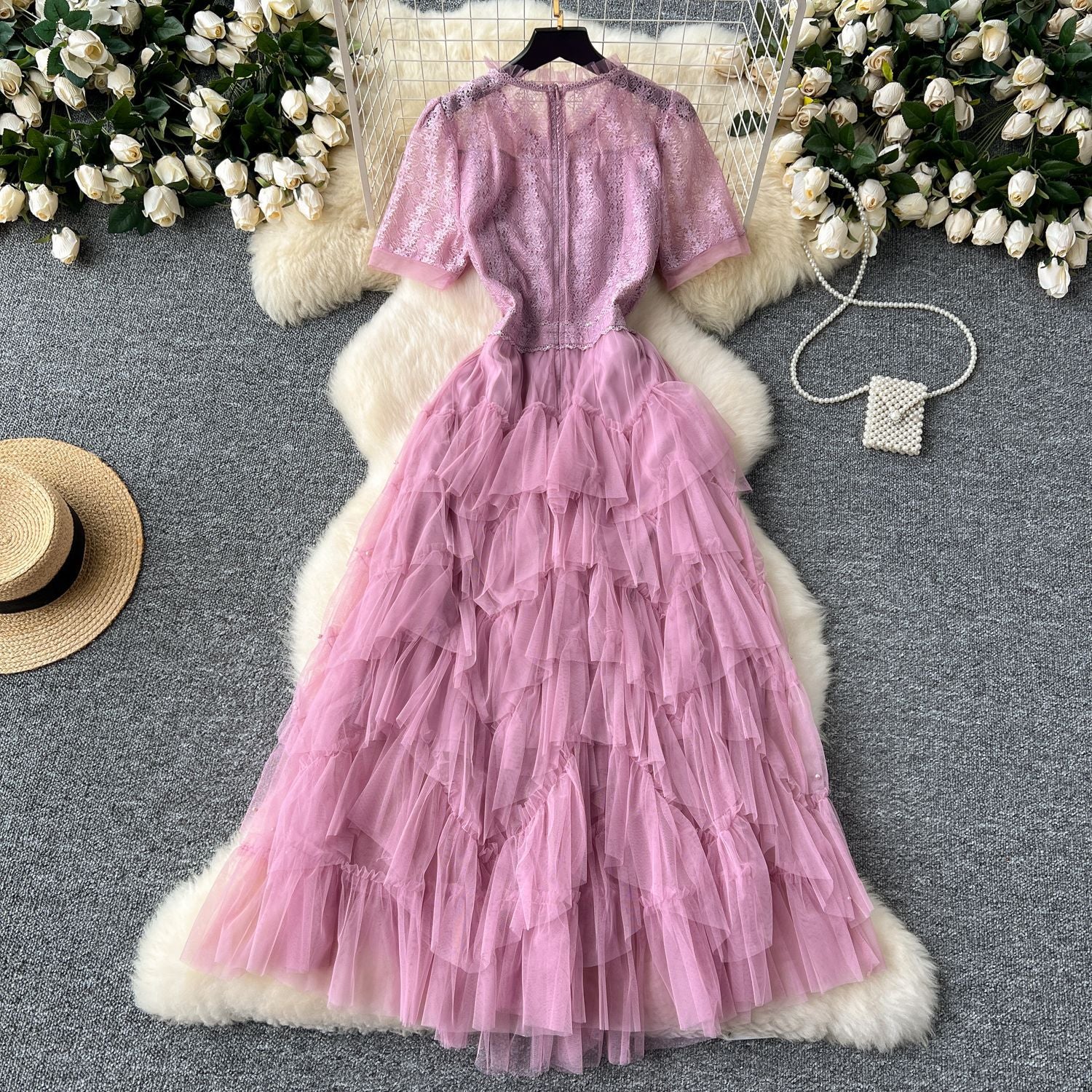 Women French Beaded Embroidered Short Sleeve Puffy Mesh Dress 24