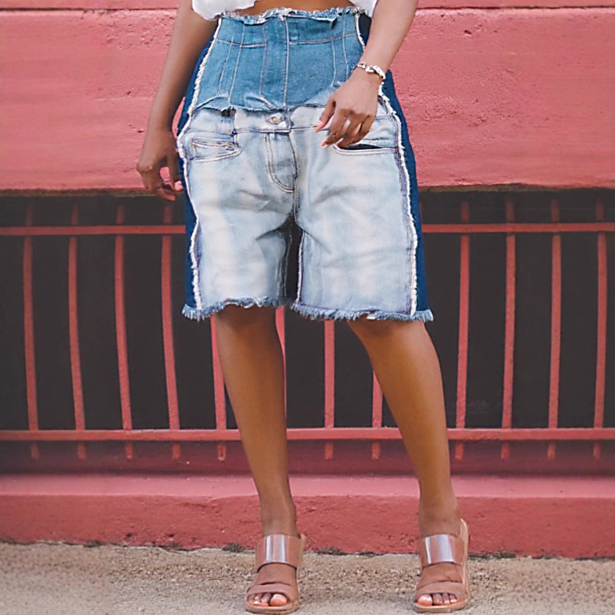 Women's Fashion High Waist Distressed Patchwork Denim Shorts 4