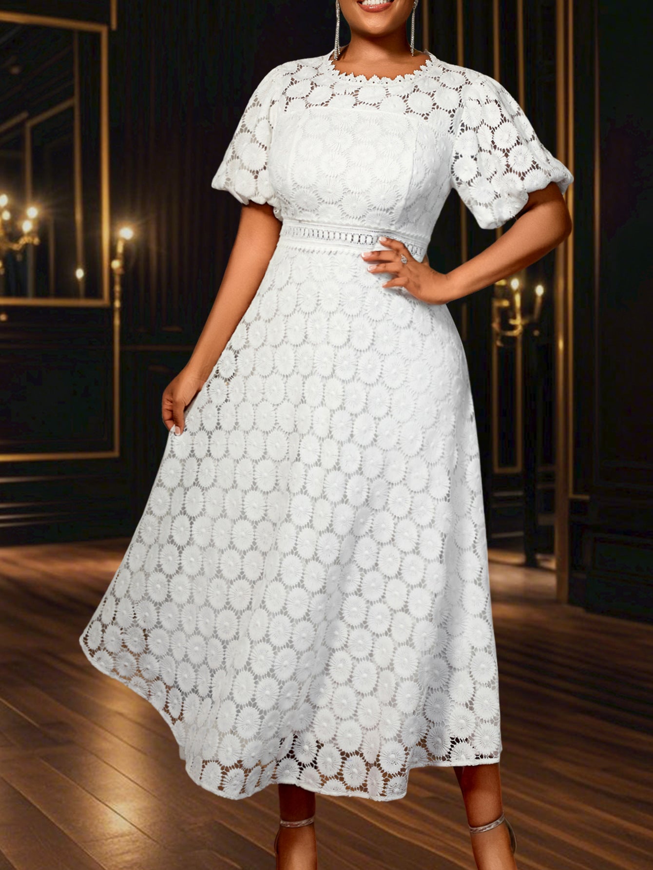 Africa Plus Size Round Neck Lace Puff Sleeve High Waist A-Line Formal Party Evening Gown 9
