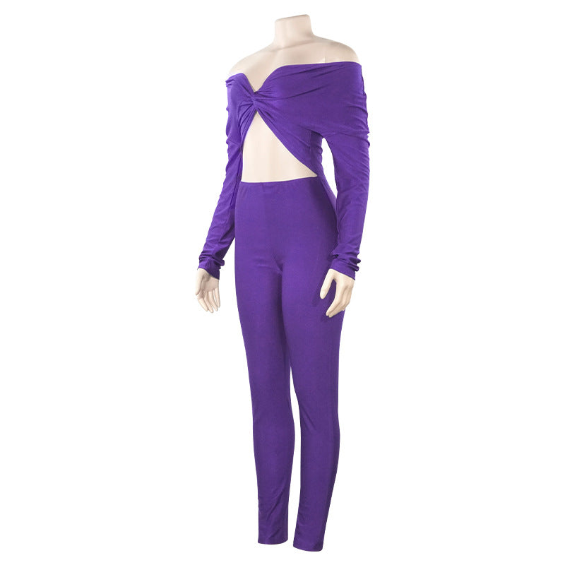 Spring Solid Color V-Neck Off Shoulder Knot Hollow Sexy High Waist Long Sleeve Jumpsuit 20