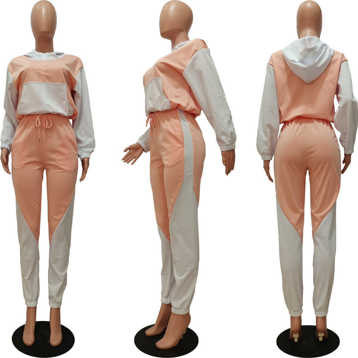 Women'S Patchwork Contrasting Hoodie Sport Casual Two Piece Pants Set 16