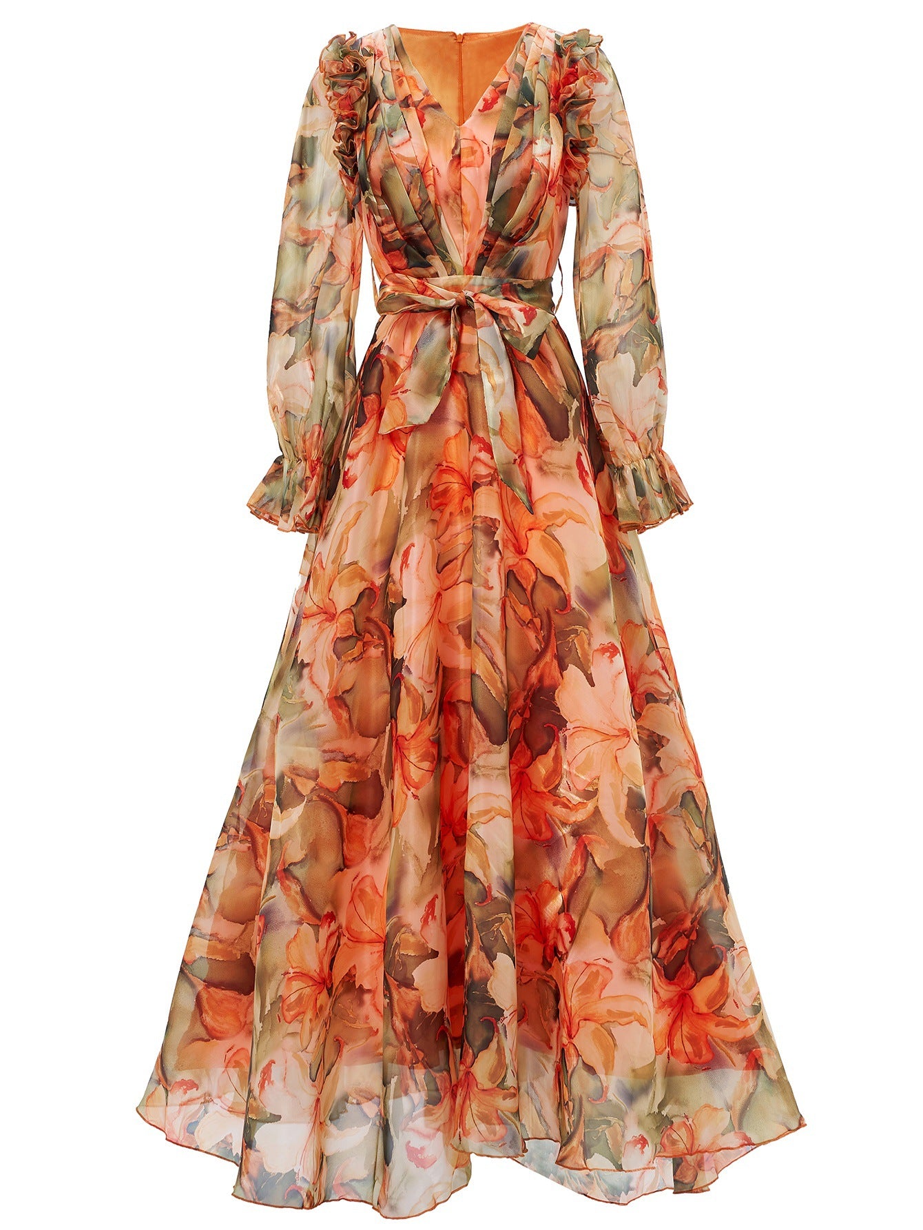 Elegant Women's Long-Sleeve V-Neck Ruffled Formal Party Mesh Evening Gown 9