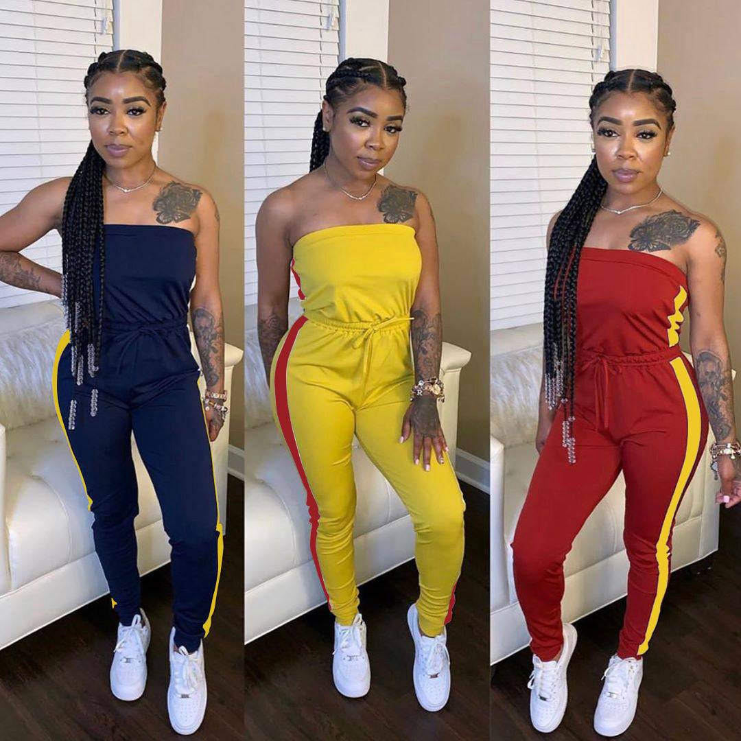 Spring and summer women's style slim fit strapless drawstring waist Jumpsuit