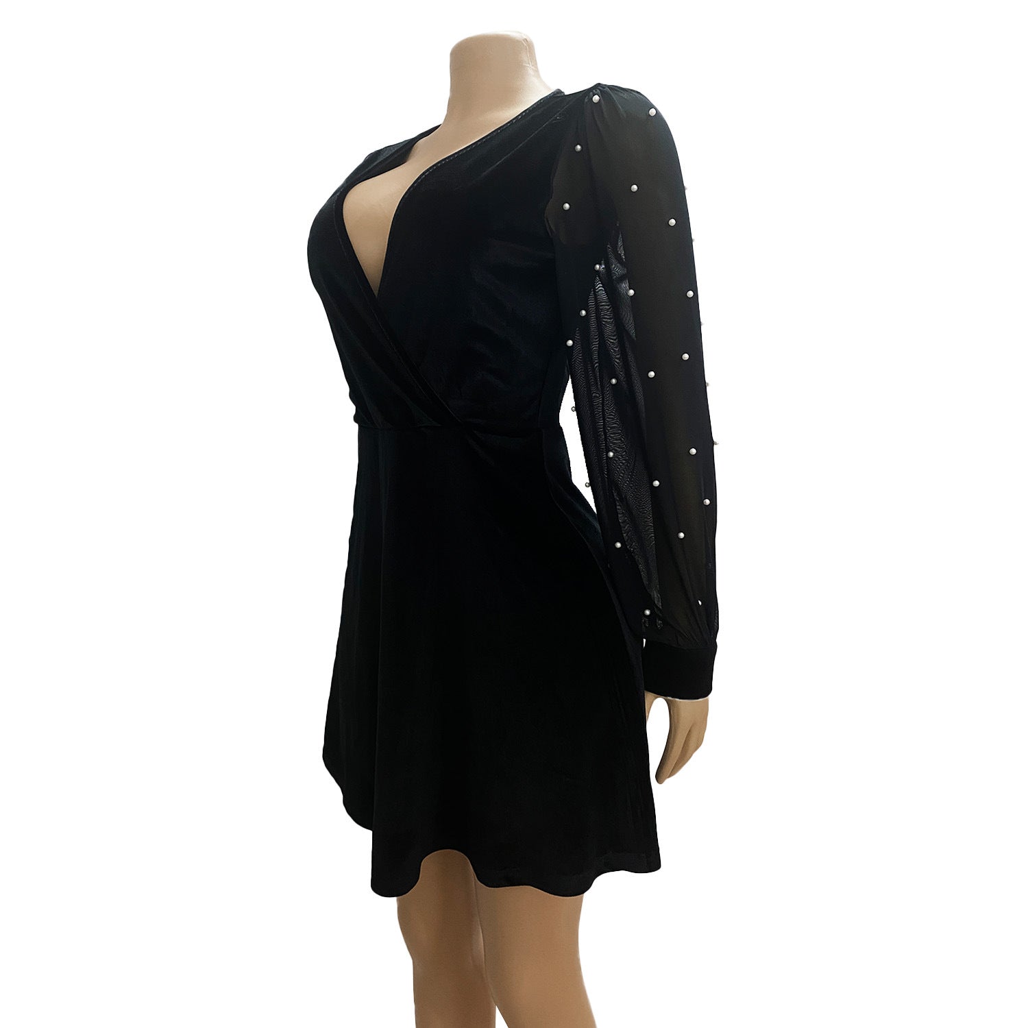 Women autumn and winter sexy v-neck velvet chiffon patchwork long sleeve dress 5