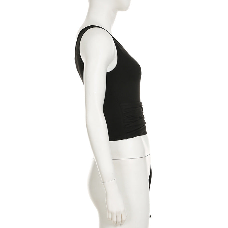 Women American asymmetrical off-shoulder metal button streamer Tank Top 8